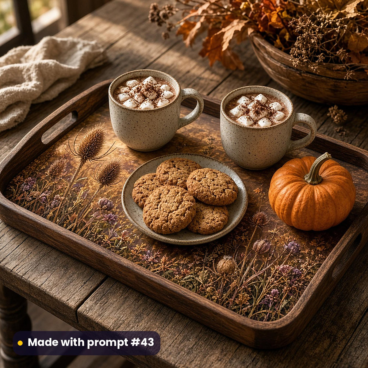 Dark wooden tray printed with teasels, grasses and seed heads in warm autumn light, holding two hot chocolates, oat biscuits and a small pumpkin, made with prompt #43