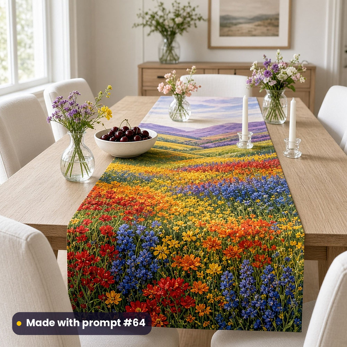 Long table runner printed with a rainbow meadow of red, orange, yellow and blue flowers rolling to purple hills, on a pale oak table with cherries, bud vases and candles, made with prompt #64