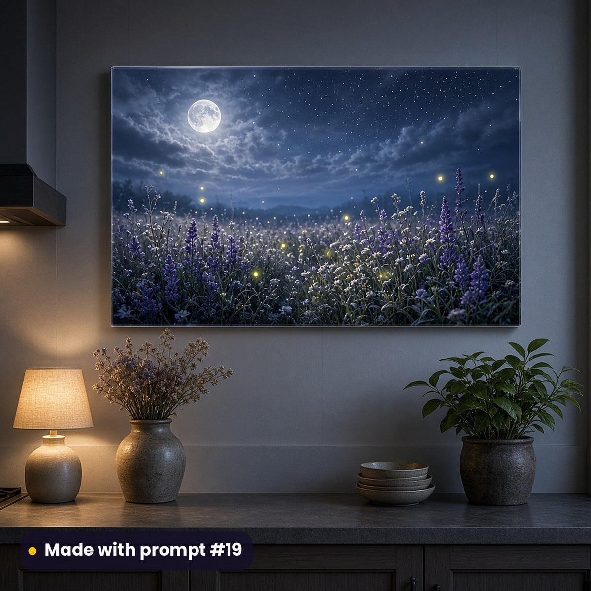 Acrylic wall art of a moonlit wildflower field with a full moon, stars and fireflies, on a grey kitchen wall above a counter with a glowing lamp and dried flowers, made with prompt #19