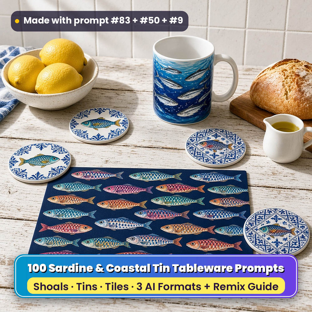 Sardine tableware on a whitewashed kitchen table: a navy placemat printed with rows of jewel-coloured sardines, round coasters with sardines in blue and white tile patterns and a mug wrapped with a shoal of silver sardines, beside lemons, bread and olive oil, made with prompt #83 + #50 + #9