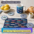 Sardine tableware on a whitewashed kitchen table: a navy placemat printed with rows of jewel-coloured sardines, round coasters with sardines in blue and white tile patterns and a mug wrapped with a shoal of silver sardines, beside lemons, bread and olive oil, made with prompt #83 + #50 + #9