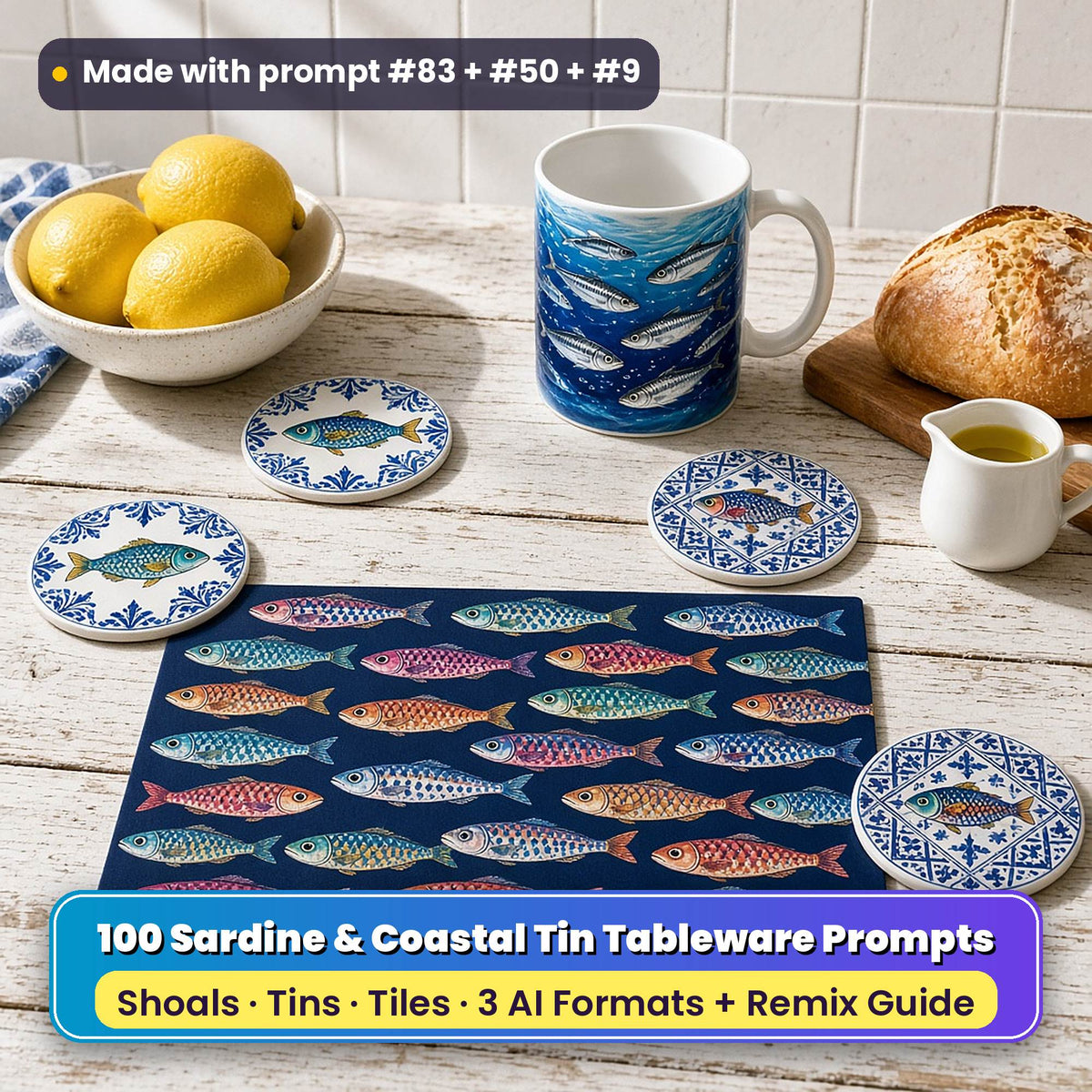 Sardine tableware on a whitewashed kitchen table: a navy placemat printed with rows of jewel-coloured sardines, round coasters with sardines in blue and white tile patterns and a mug wrapped with a shoal of silver sardines, beside lemons, bread and olive oil, made with prompt #83 + #50 + #9