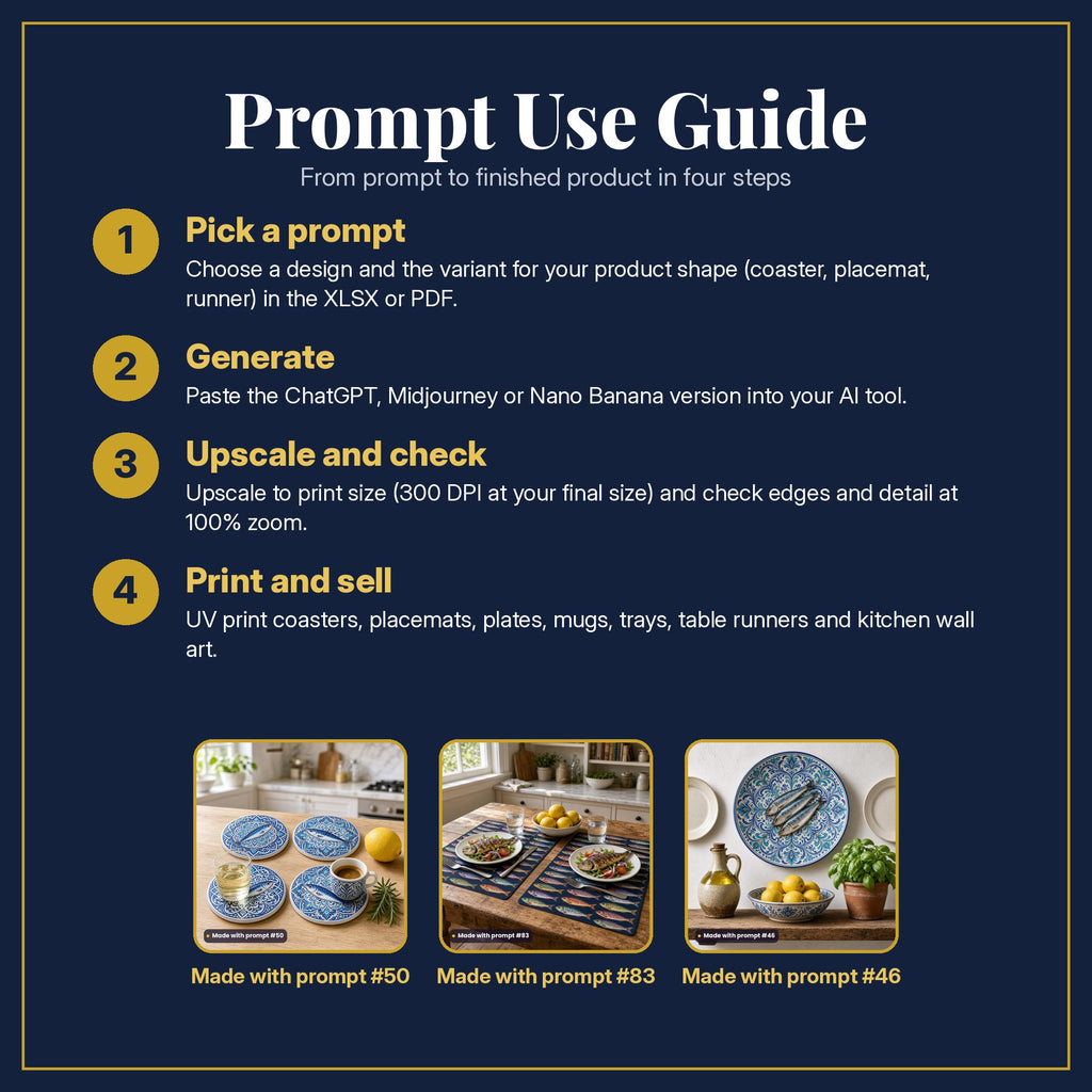 Prompt Use Guide in four steps: pick a prompt, generate, upscale and check, print and sell, with example products made with prompt #50, prompt #83, prompt #46