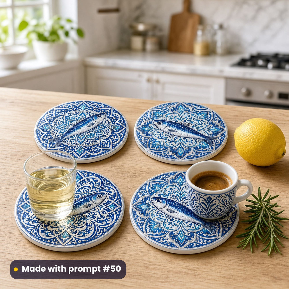 Four round coasters printed with silver-blue sardines on cobalt and white ornamental tile patterns, with white wine and an espresso on a light oak worktop, a lemon and rosemary beside, made with prompt #50