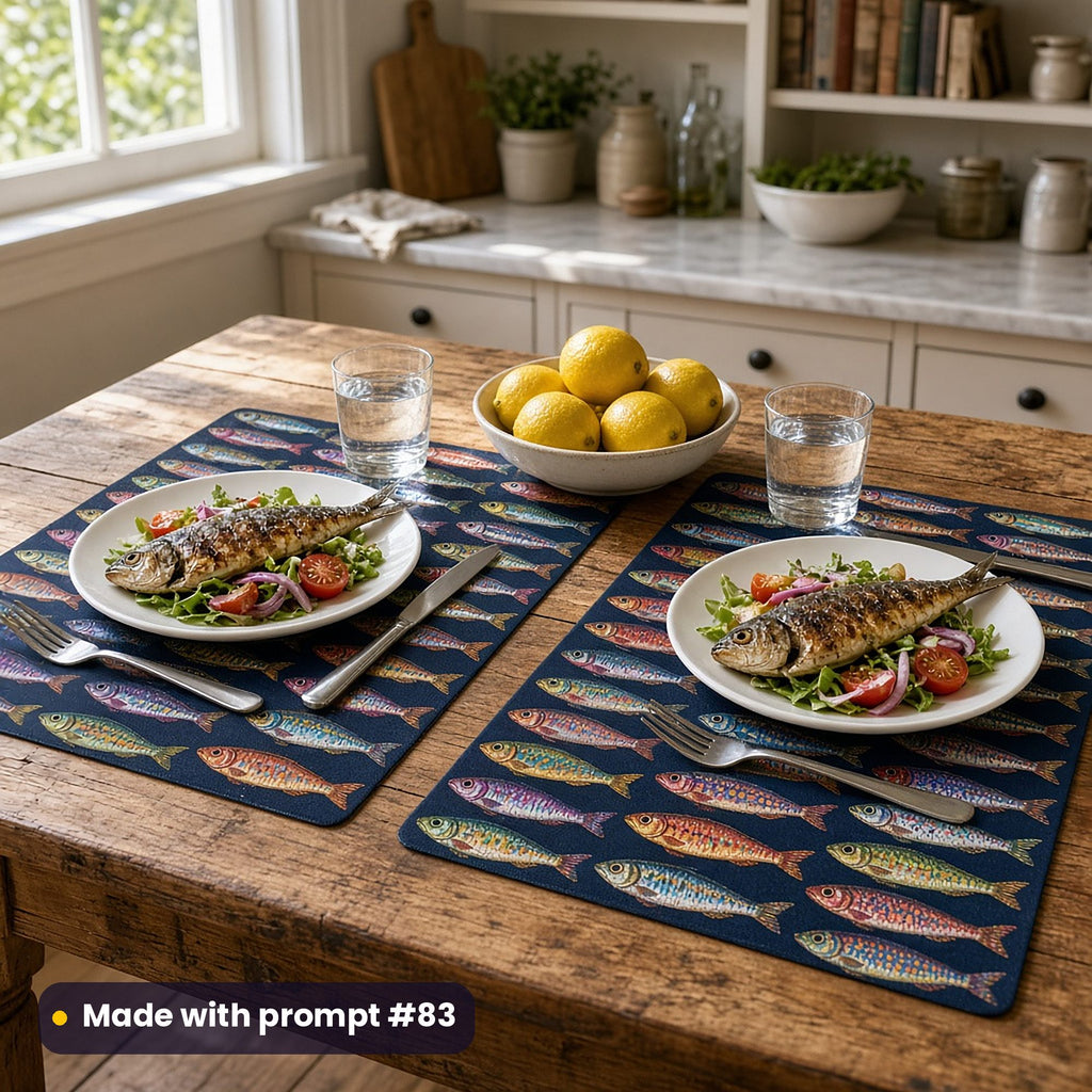 Two navy placemats printed with rows of colourful patterned sardines, laid with grilled fish salads, water glasses and a bowl of lemons on a rustic kitchen table, made with prompt #83