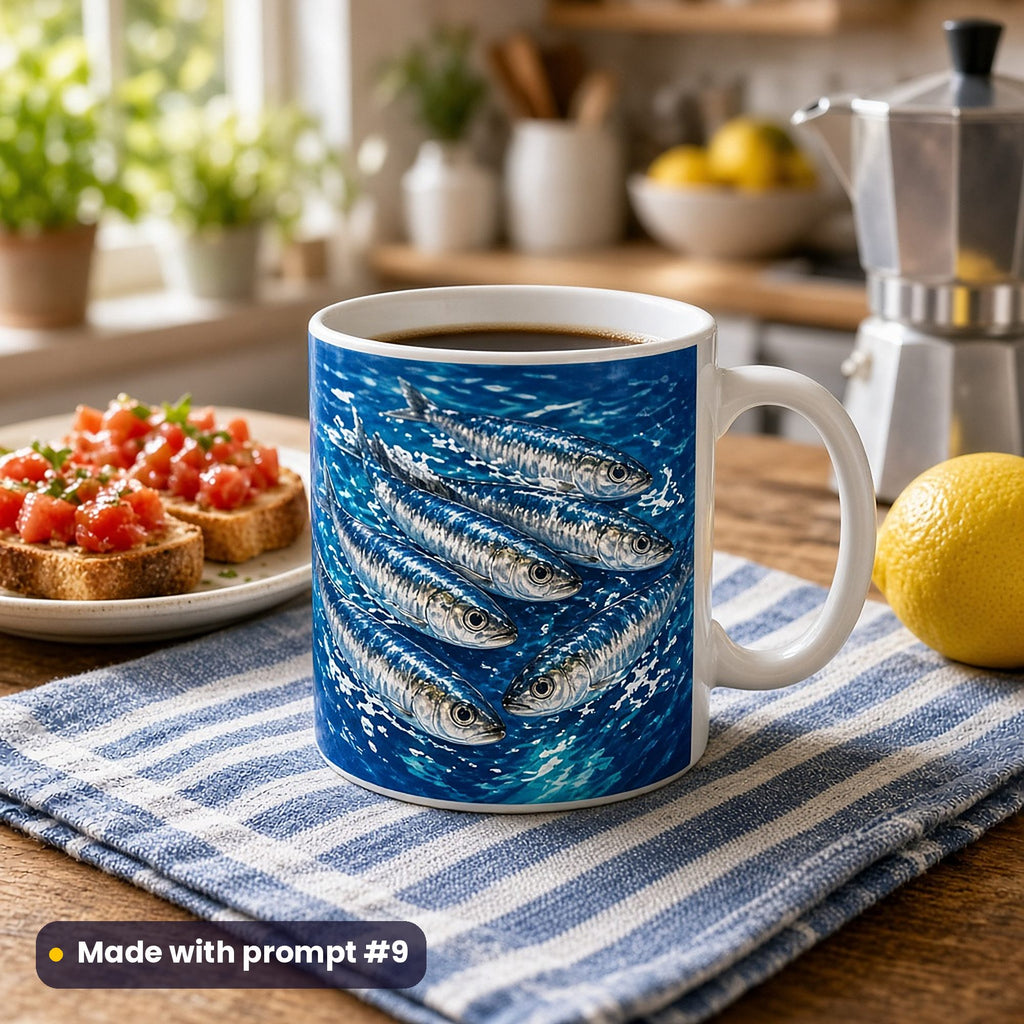White mug wrapped with a vector shoal of silver sardines in cobalt and turquoise water, on a blue striped tea towel with tomato toast, a lemon and a stovetop coffee pot, made with prompt #9