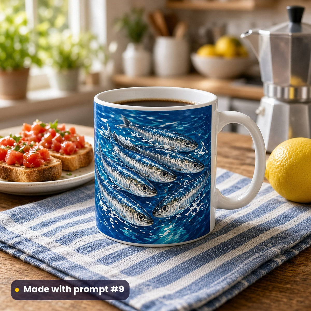 White mug wrapped with a vector shoal of silver sardines in cobalt and turquoise water, on a blue striped tea towel with tomato toast, a lemon and a stovetop coffee pot, made with prompt #9