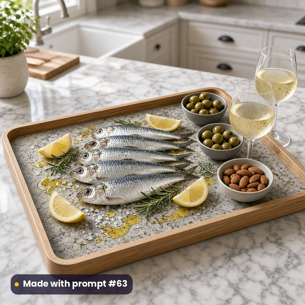 Oak serving tray printed with fresh sardines, lemon wedges, rosemary, sea salt and olive oil on stone, with olives, almonds and two glasses of white wine on a marble counter, made with prompt #63