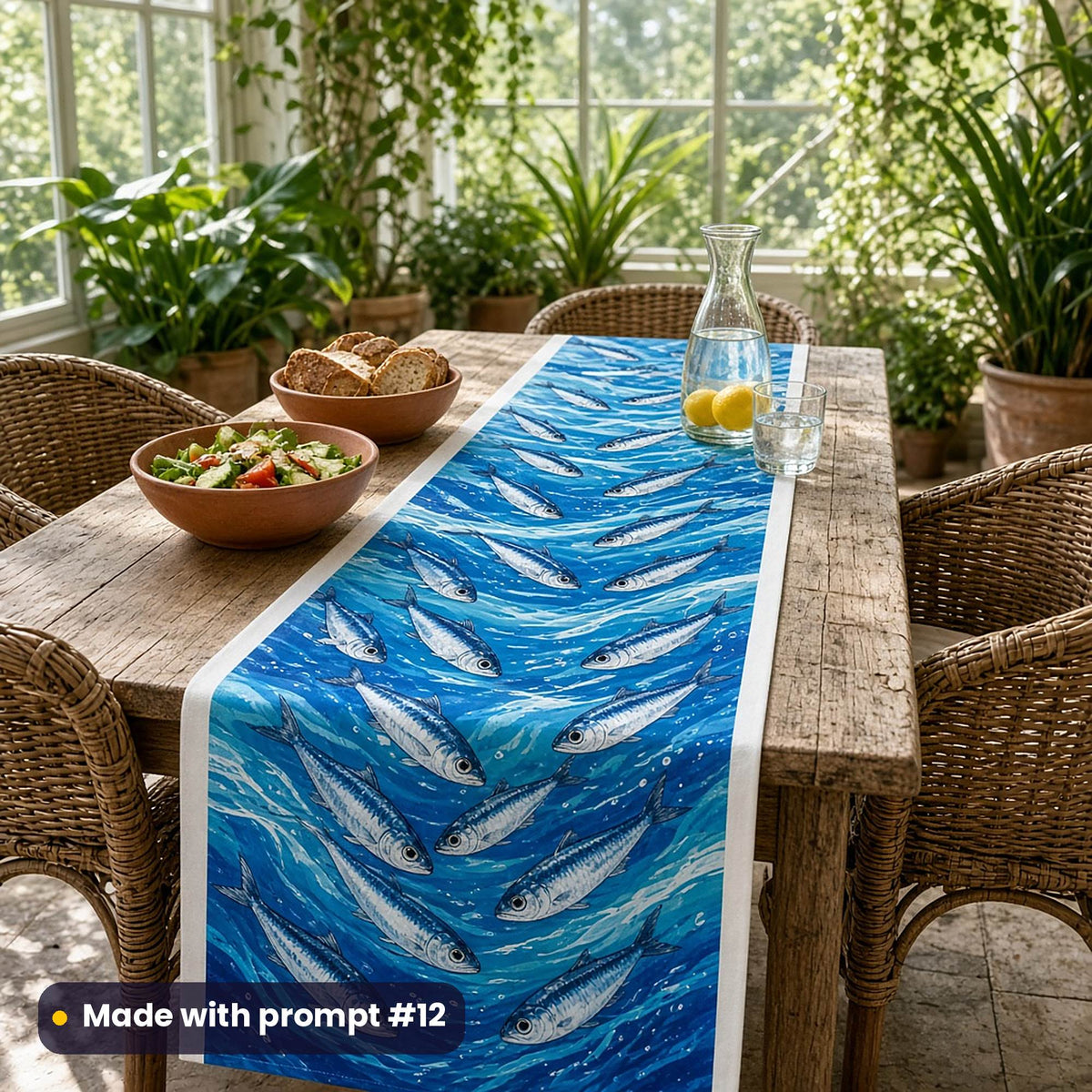 Long table runner printed with a vector shoal of silver sardines in bright blue water, on a rustic table in a plant-filled garden room with salad, bread and a carafe, made with prompt #12