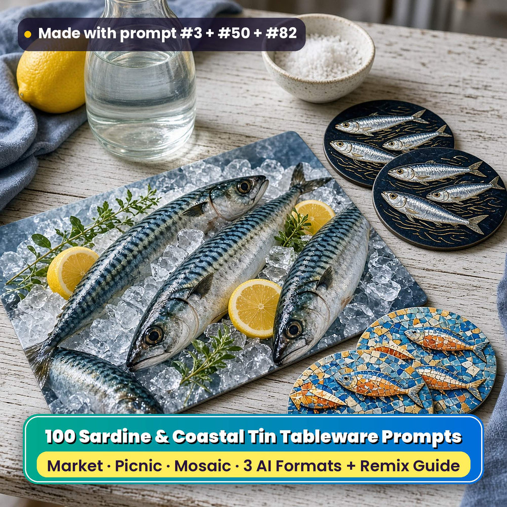 Fish tableware on a whitewashed table: a placemat printed with mackerel on crushed ice with lemon and herbs, round coasters with silver sardines on navy and gold ripples, and round coasters with mosaic fish, beside a water carafe, a lemon and sea salt, made with prompt #3 + #50 + #82