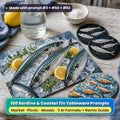 Fish tableware on a whitewashed table: a placemat printed with mackerel on crushed ice with lemon and herbs, round coasters with silver sardines on navy and gold ripples, and round coasters with mosaic fish, beside a water carafe, a lemon and sea salt, made with prompt #3 + #50 + #82