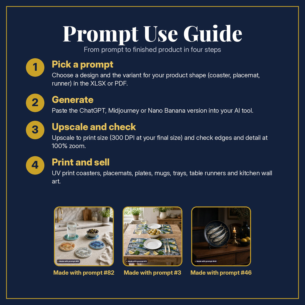 Prompt Use Guide in four steps: pick a prompt, generate, upscale and check, print and sell, with example products made with prompt #82, prompt #3, prompt #46
