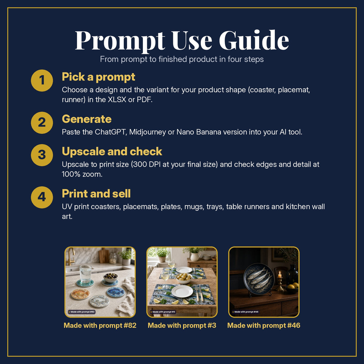 Prompt Use Guide in four steps: pick a prompt, generate, upscale and check, print and sell, with example products made with prompt #82, prompt #3, prompt #46