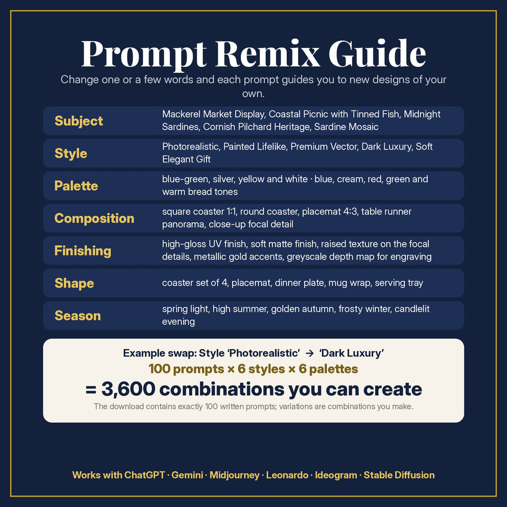 Prompt Remix Guide: change subject, style, palette, composition, finishing, shape and season; 100 prompts × 6 styles × 6 palettes = 3,600 combinations you can create