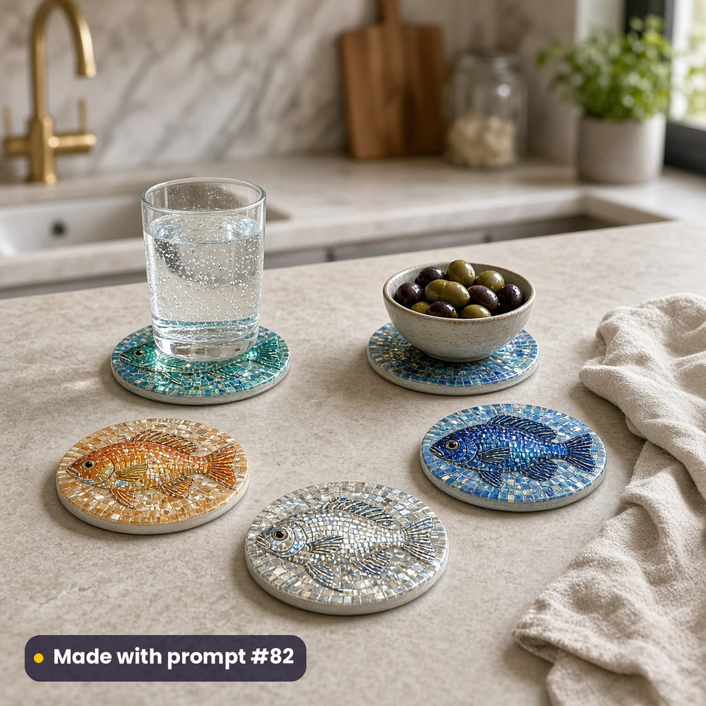 Four round coasters printed with mosaic fish in turquoise, orange, blue and silver tiles on a stone worktop, with sparkling water and a bowl of olives, made with prompt #82