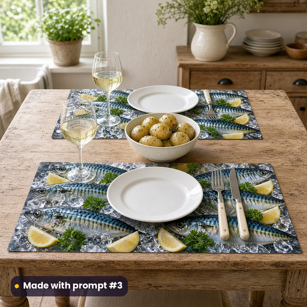 Two placemats printed with striped mackerel on crushed ice with lemon wedges and parsley, set with white plates, white wine and new potatoes on a farmhouse table, made with prompt #3