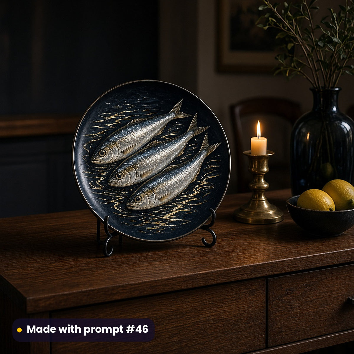 Round plate painted with three silver sardines glowing on black and navy with gold water ripples, on a stand on a walnut sideboard beside a candle and lemons, made with prompt #46