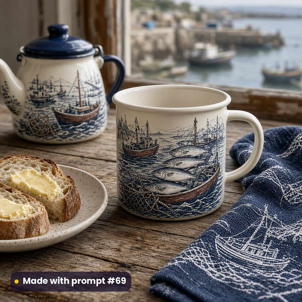 Cream mug with a heritage print of silver pilchards, wooden fishing boats and nets in navy and rust, beside a matching teapot and buttered bread at a harbour-view window, made with prompt #69
