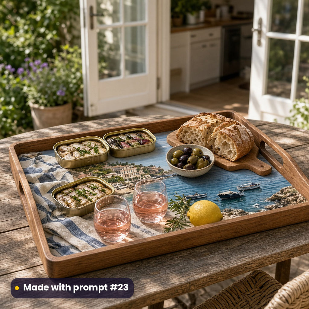 Wooden serving tray printed with a coastal picnic of unlabelled seafood tins and a sunny harbour, holding open tins, olives, bread, rosé and a lemon on a patio table, made with prompt #23