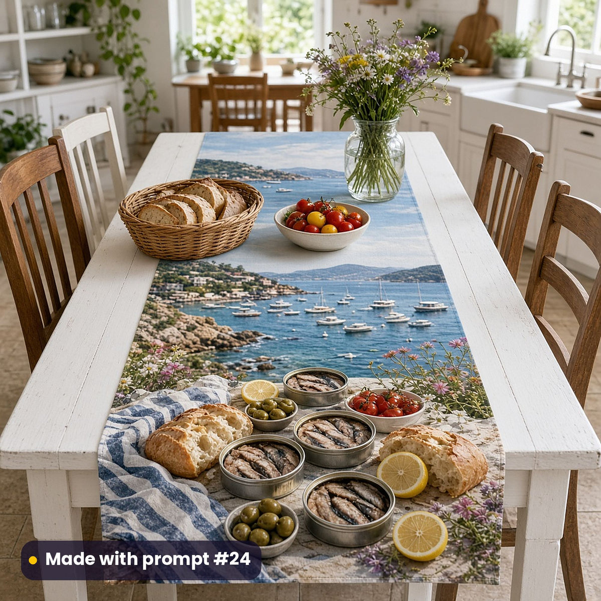 Long table runner printed with a seaside picnic of unlabelled tins, bread, lemons and striped linen above a harbour of boats, on a white kitchen table with bread, tomatoes and wildflowers, made with prompt #24