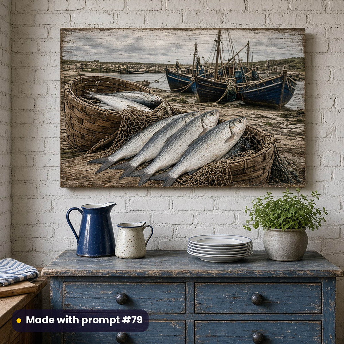Wooden wall art panel of silver pilchards in baskets and nets beside blue wooden fishing boats, on a white brick kitchen wall above a blue dresser with enamel jugs, made with prompt #79