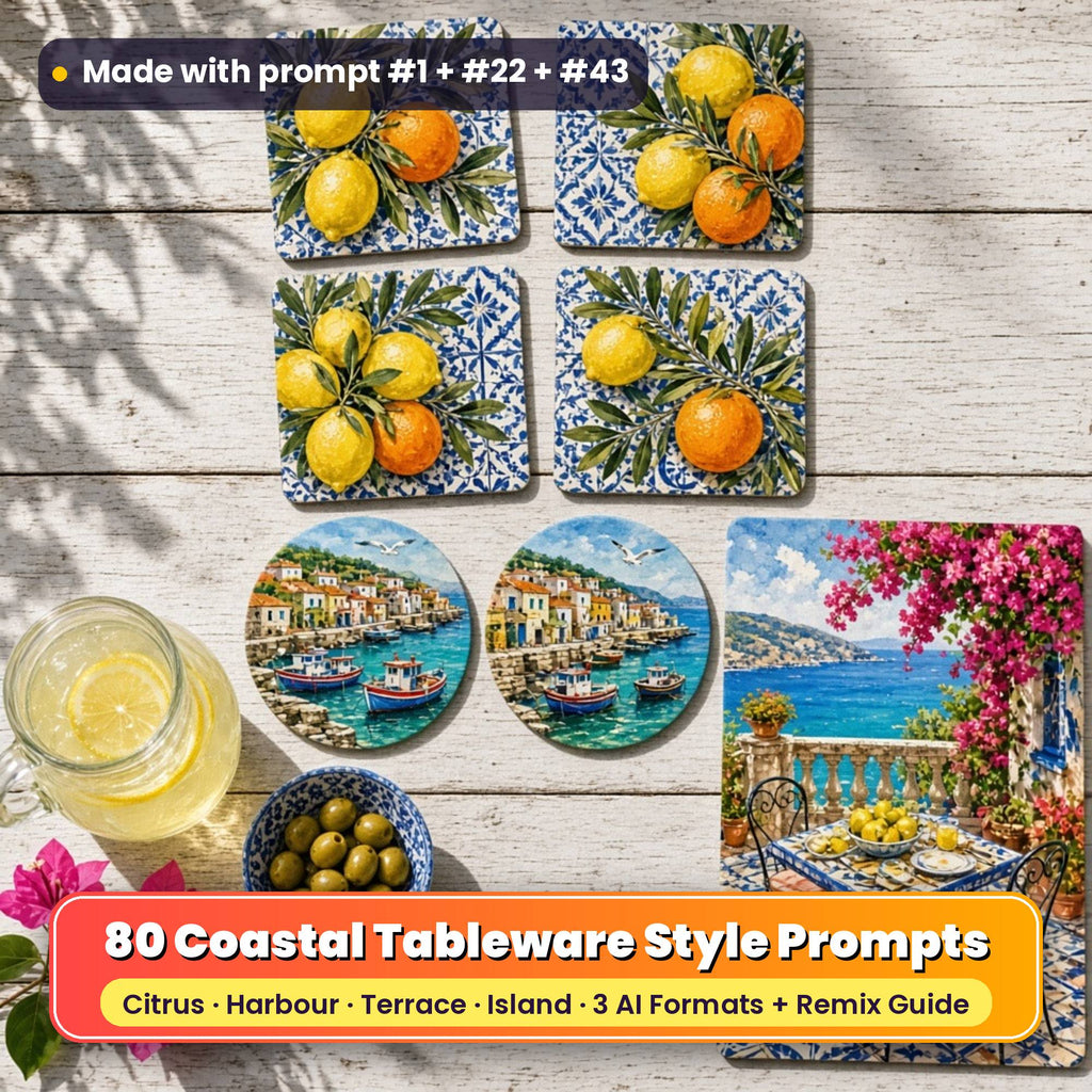 Coastal tableware on a whitewashed terrace table: square coasters printed with lemons, oranges and olive leaves on blue-and-white tiles, round coasters printed with fishing boats in a harbour, and a placemat printed with a bougainvillea terrace above the sea, beside lemonade, olives and bougainvillea, made with prompt #1 + #22 + #43