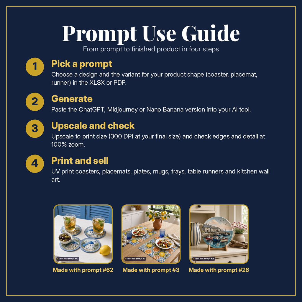 Prompt Use Guide in four steps: pick a prompt, generate, upscale and check, print and sell, with example products made with prompt #62, prompt #3, prompt #26