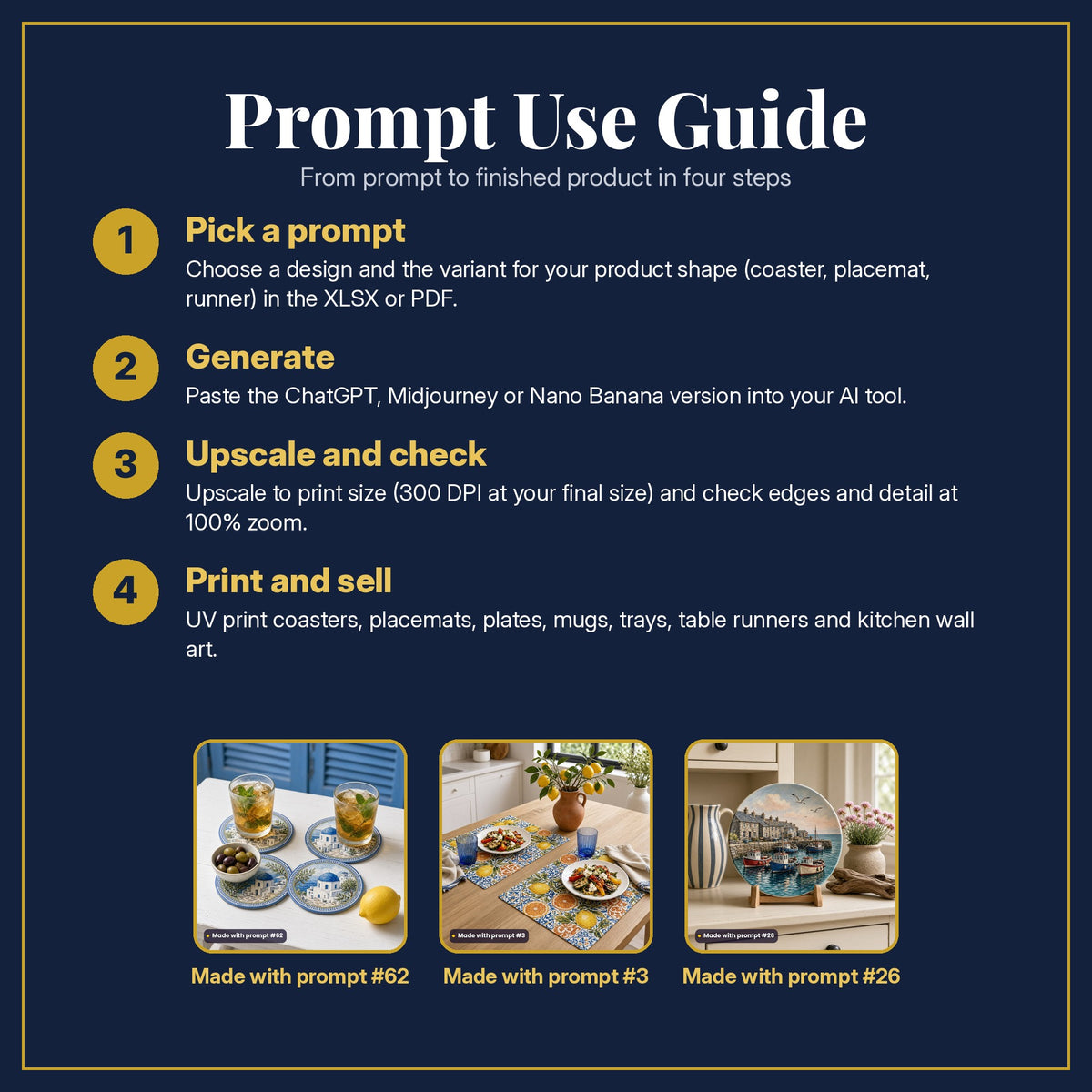 Prompt Use Guide in four steps: pick a prompt, generate, upscale and check, print and sell, with example products made with prompt #62, prompt #3, prompt #26