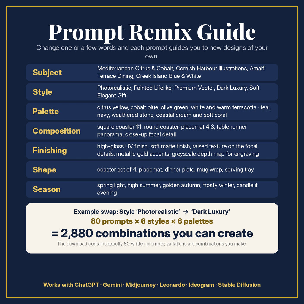 Prompt Remix Guide: change subject, style, palette, composition, finishing, shape and season; 80 prompts × 6 styles × 6 palettes = 2,880 combinations you can create