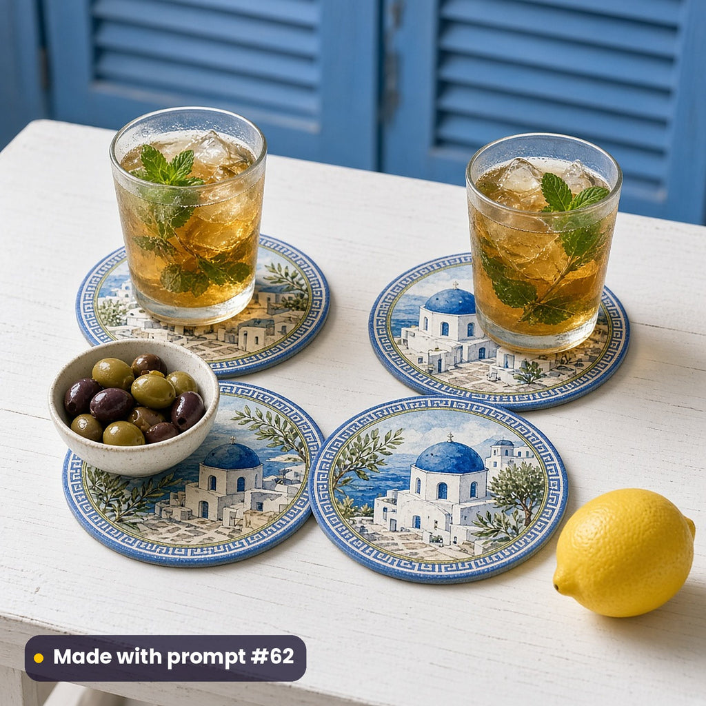 Four round coasters printed with whitewashed houses, a small blue-domed chapel and olive branches inside a blue key border, with iced mint tea, olives and a lemon by blue shutters, made with prompt #62