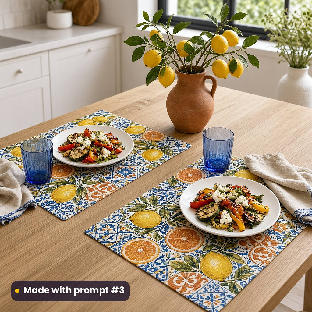 Two placemats printed with lemons, oranges and olive leaves on blue-and-white tiles, set with grilled vegetables and feta, blue tumblers and a terracotta jug of lemon branches, made with prompt #3