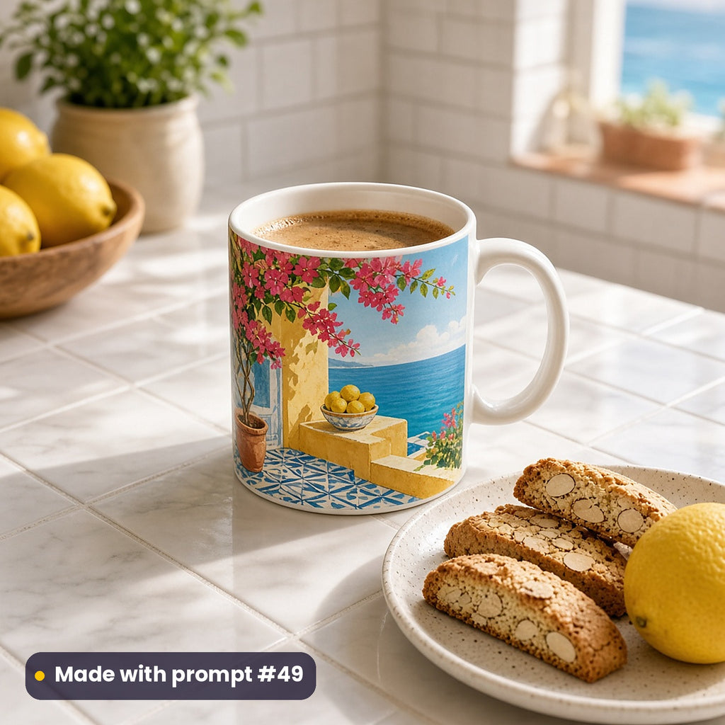 White mug with a vector print of a sunny terrace with bougainvillea, blue tiles, a bowl of lemons and the sea, with coffee and almond biscotti on a tiled worktop, made with prompt #49
