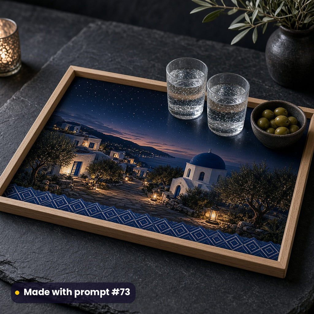 Oak tray printed with a whitewashed village and small blue-domed chapel among olive trees under a starry twilight sky with a cobalt border, holding sparkling water and olives on slate, made with prompt #73