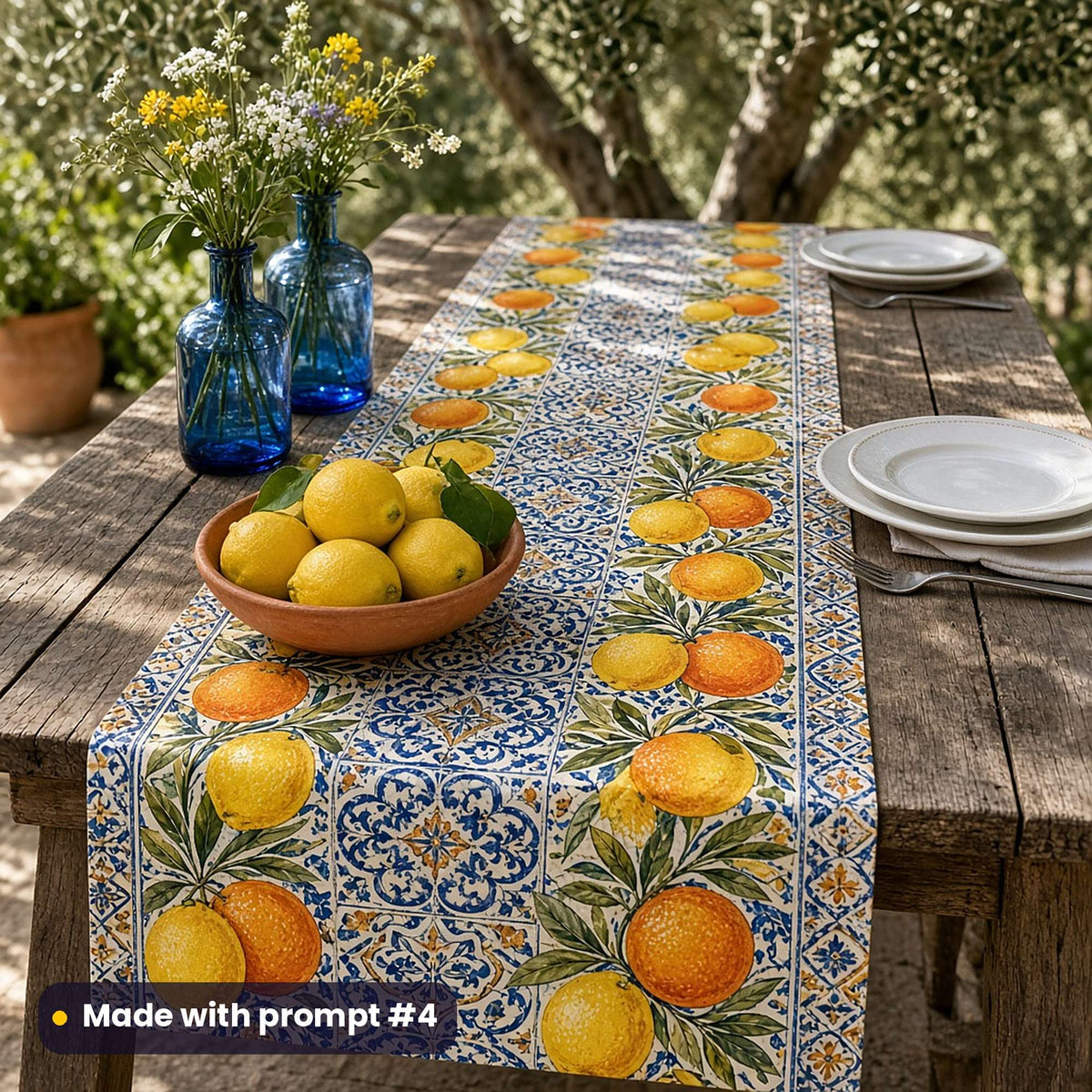 Long table runner printed with lemons, oranges and olive leaves on blue-and-white tiles, on a weathered terrace table with a bowl of lemons, blue bottles of wildflowers and white plates, made with prompt #4
