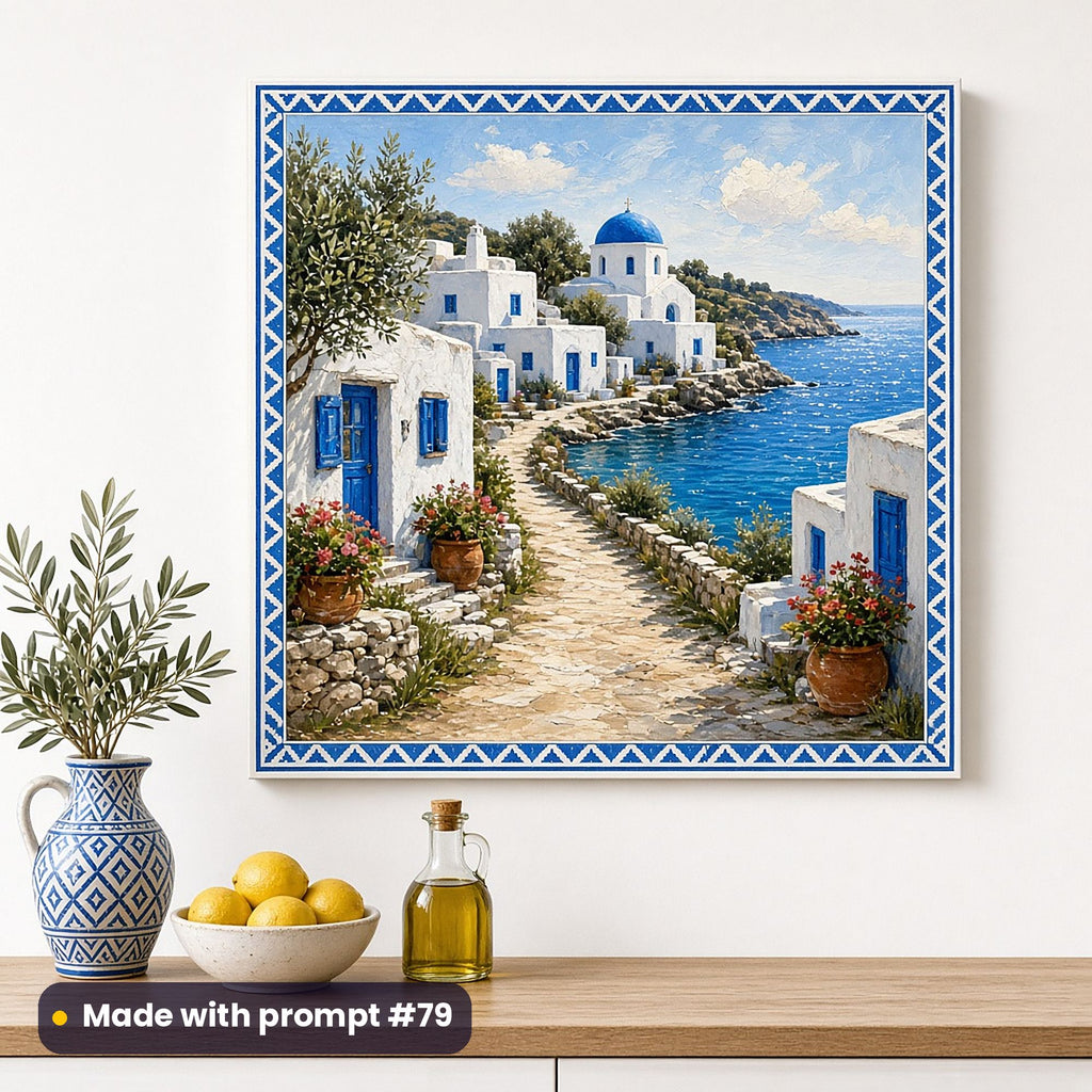 Acrylic wall art of a whitewashed village lane with blue doors, geraniums and a small blue-domed chapel above a cove, inside a blue key border, above a counter with olive branches, lemons and olive oil, made with prompt #79