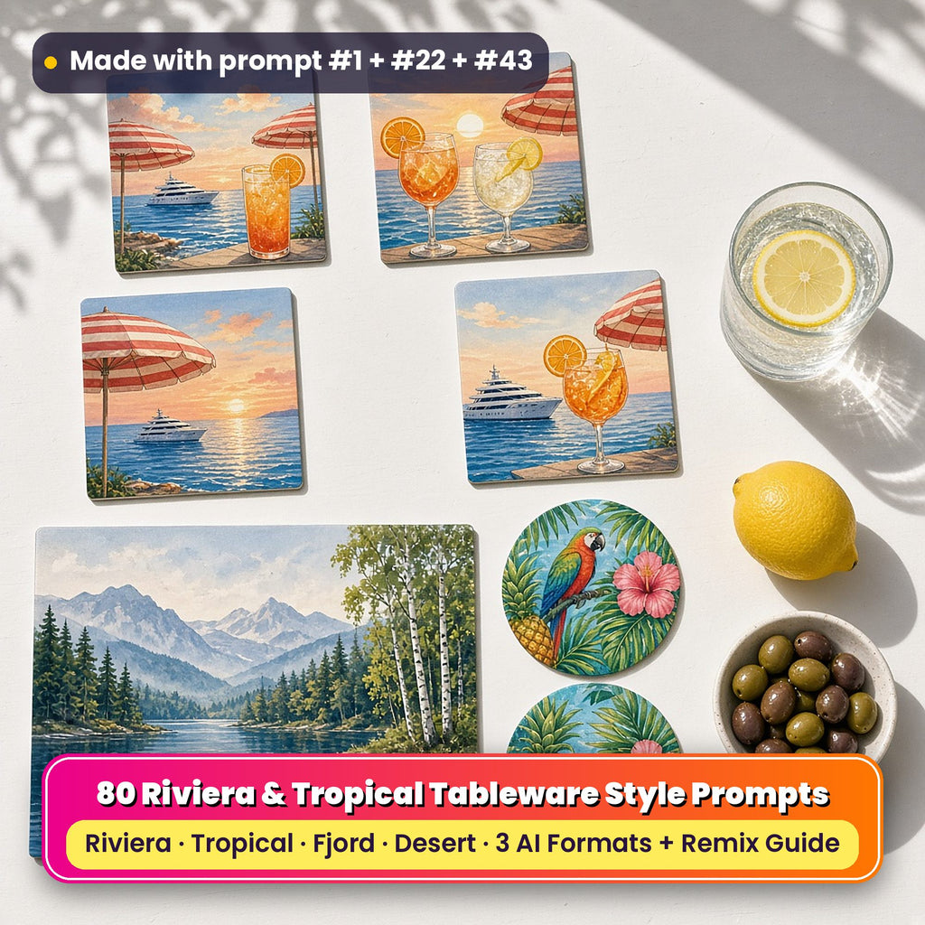 Coastal style tableware on a white terrace table: square coasters printed with striped parasols, citrus drinks and a yacht at sunset, round coasters printed with palm leaves, hibiscus, pineapples and a tropical bird, and a placemat printed with misty mountains, still blue water and birch trees, beside lemon water, olives and a lemon, made with prompt #1 + #22 + #43