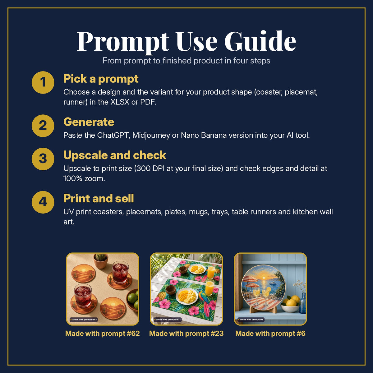 Prompt Use Guide in four steps: pick a prompt, generate, upscale and check, print and sell, with example products made with prompt #62, prompt #23, prompt #6