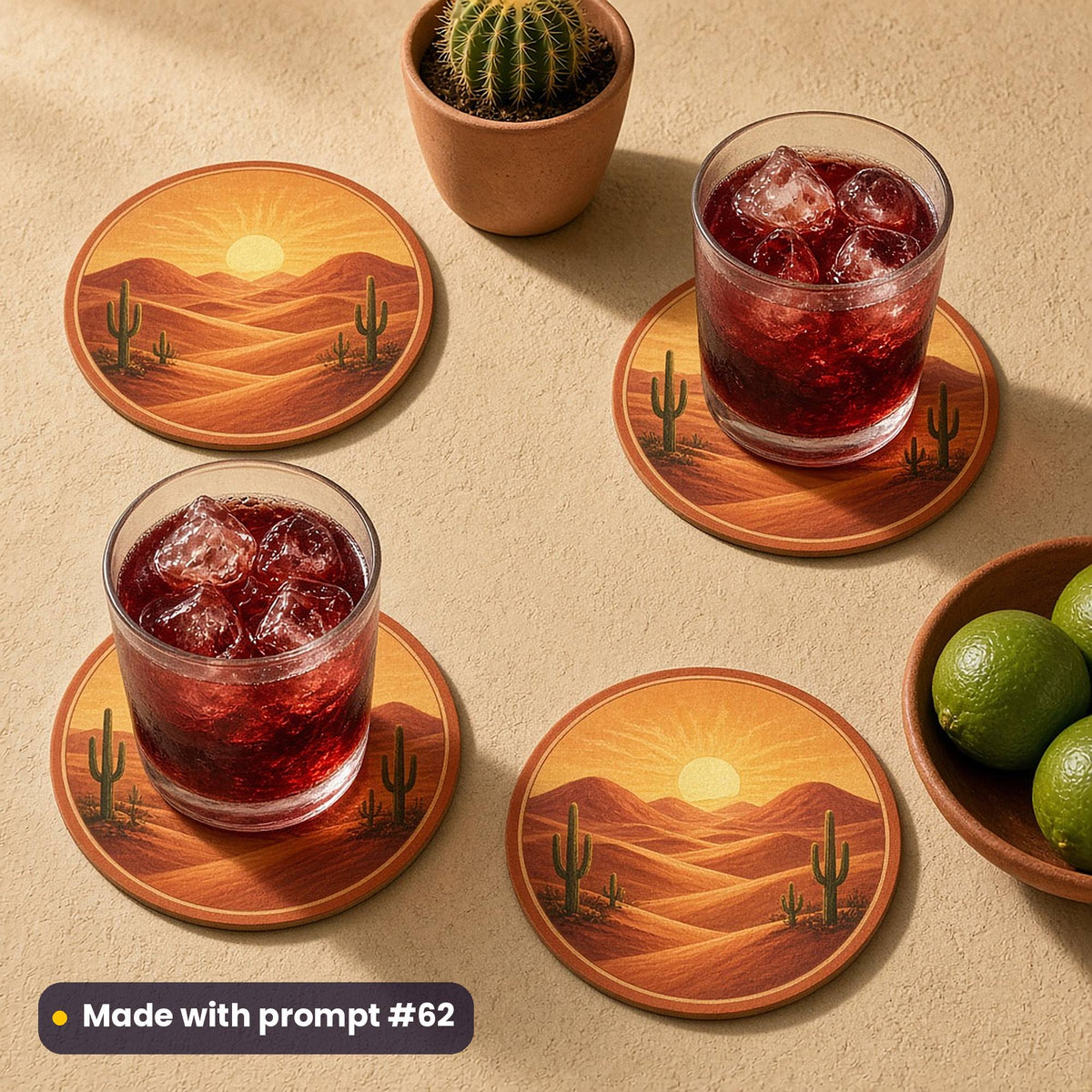 Four round coasters printed with an imaginary desert sunset of sand dunes, cacti and a golden sunburst, with iced hibiscus tea, a cactus and limes on a plaster patio table, made with prompt #62