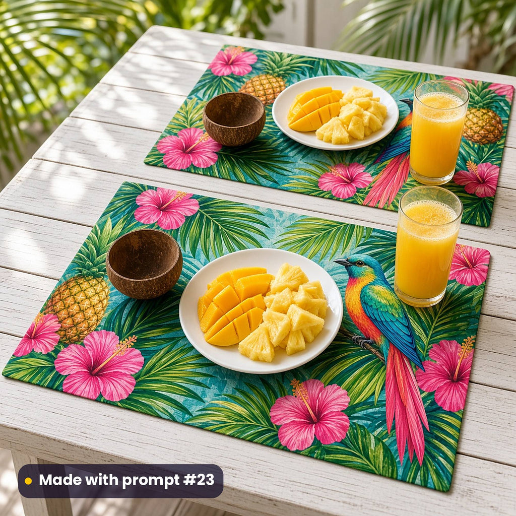Two placemats printed with palm leaves, pink hibiscus, pineapples and a tropical bird, set with mango and pineapple, coconut bowls and juice on a veranda table, made with prompt #23