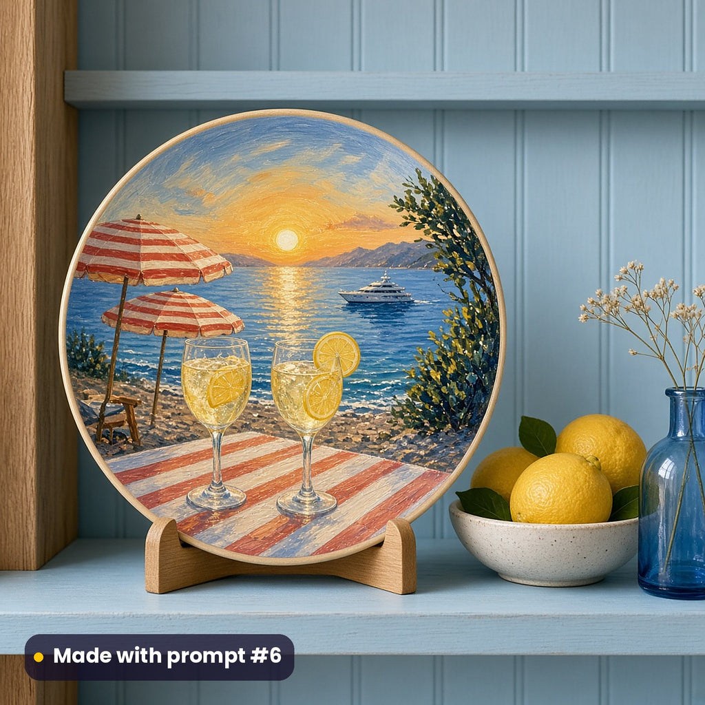 Round plate painted with striped parasols, lemon drinks and a yacht on a sunset bay, on a stand on a pale blue shelf beside lemons, made with prompt #6
