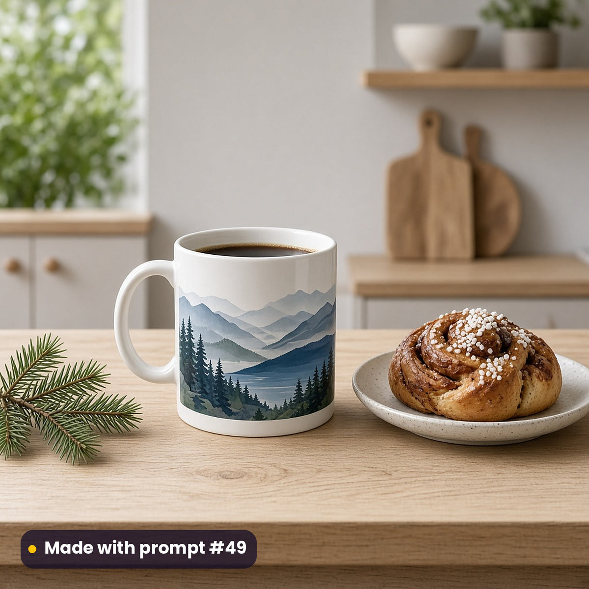 White mug with a premium vector illustration of misty blue mountains, deep blue water and pine forests, beside a cinnamon bun and pine sprig on birch, made with prompt #49