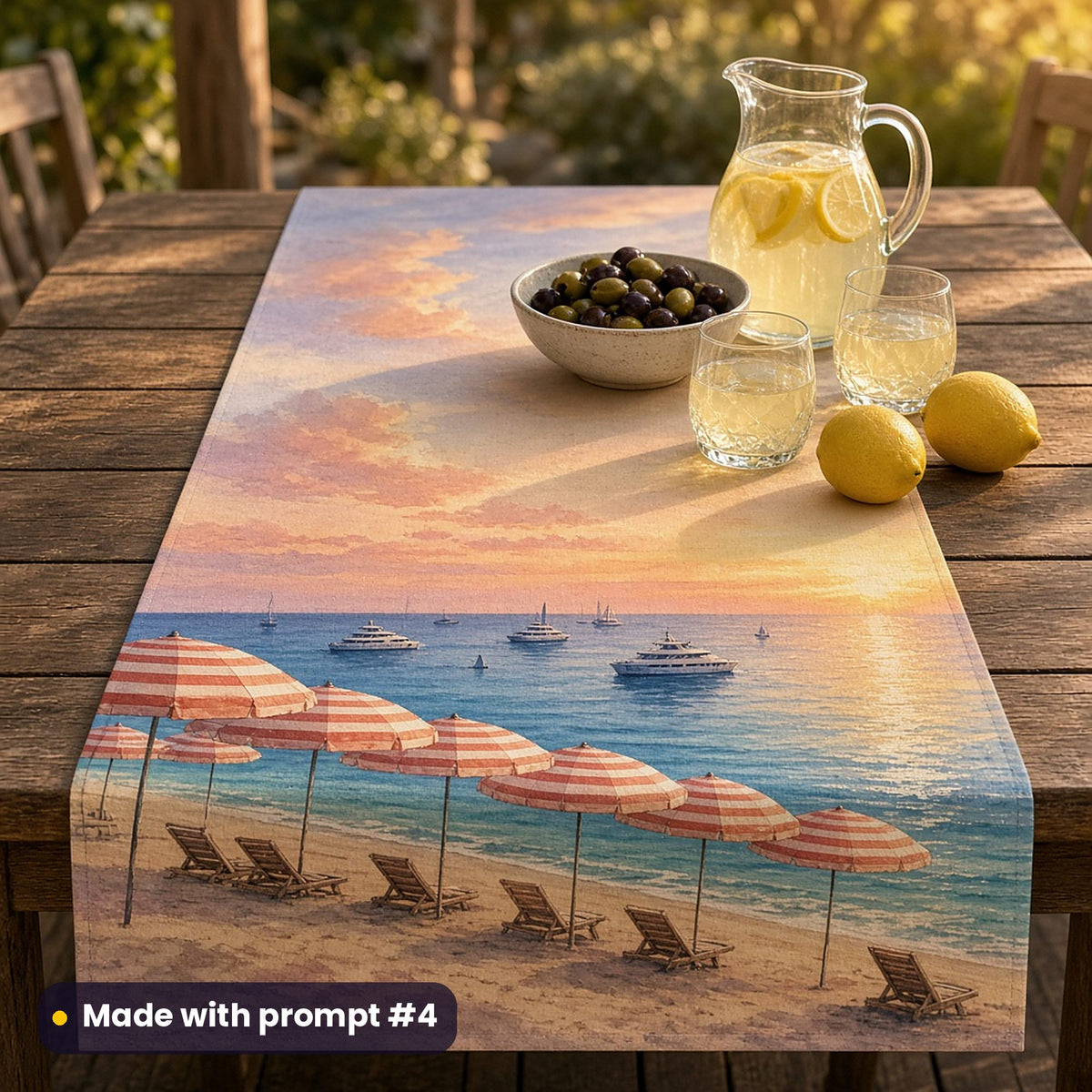 Table runner printed with a panoramic sunset bay of striped parasols, sun loungers and white yachts, on a terrace table with olives, lemonade and lemons, made with prompt #4