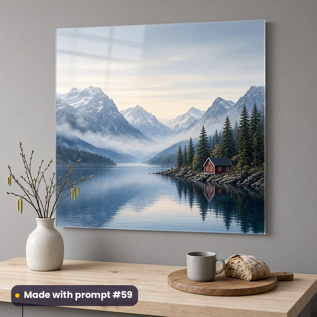 Wall art of a full scenic imaginary fjord with misty mountains, still water, pines and a red cabin, on a grey kitchen wall above a birch counter, made with prompt #59