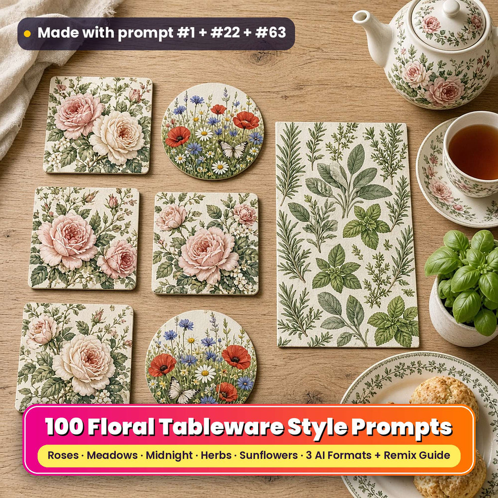 Floral style tableware on a pale oak table: square coasters printed with blush and cream English roses, round coasters printed with poppies, daisies, cornflowers and a butterfly, and a placemat printed with botanical studies of rosemary, thyme, sage, basil and mint, beside a floral teapot, a teacup, basil and scones, made with prompt #1 + #22 + #63
