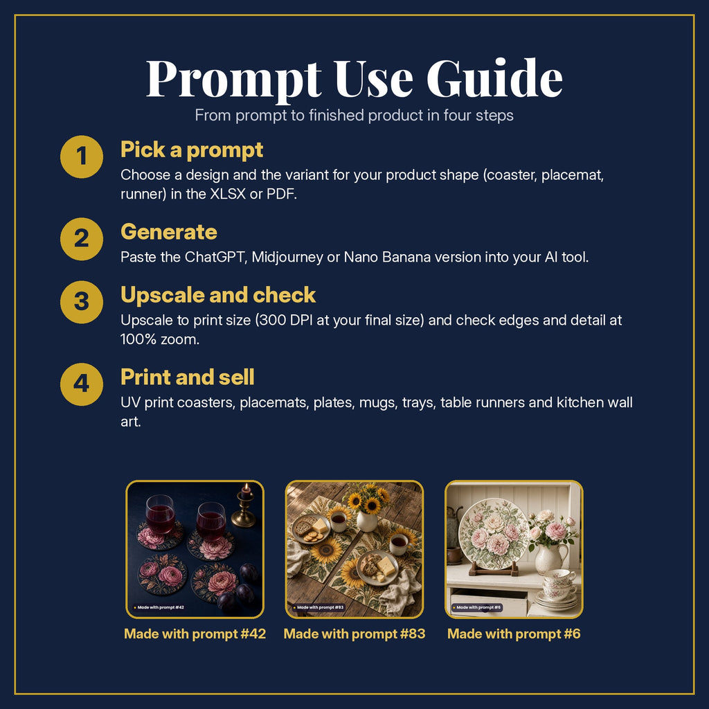 Prompt Use Guide in four steps: pick a prompt, generate, upscale and check, print and sell, with example products made with prompt #42, prompt #83, prompt #6