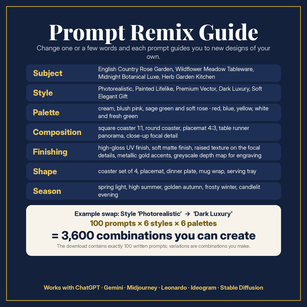 Prompt Remix Guide: change subject, style, palette, composition, finishing, shape and season; 100 prompts × 6 styles × 6 palettes = 3,600 combinations you can create