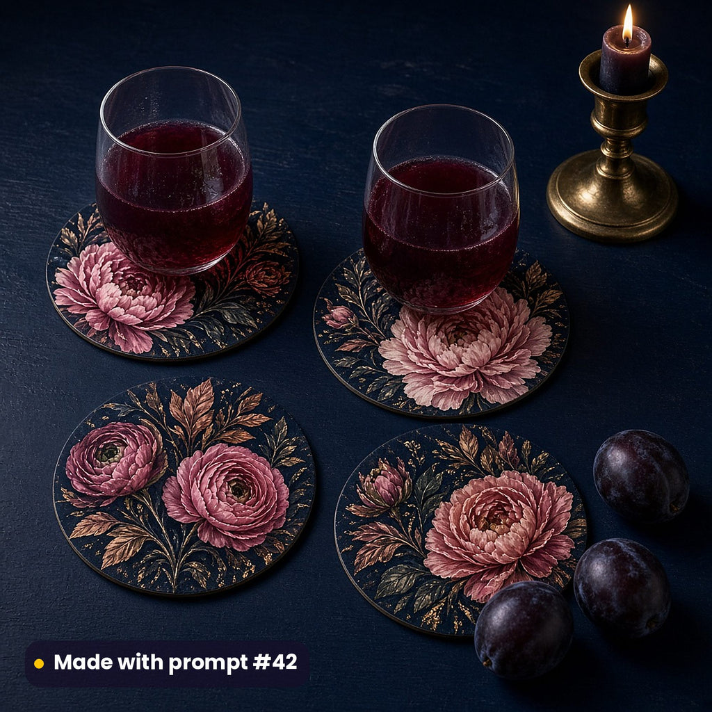 Four round coasters printed with painted peonies and ranunculus on midnight navy and black with gold and copper highlights, with dark juice, a brass candlestick and plums on a navy table, made with prompt #42