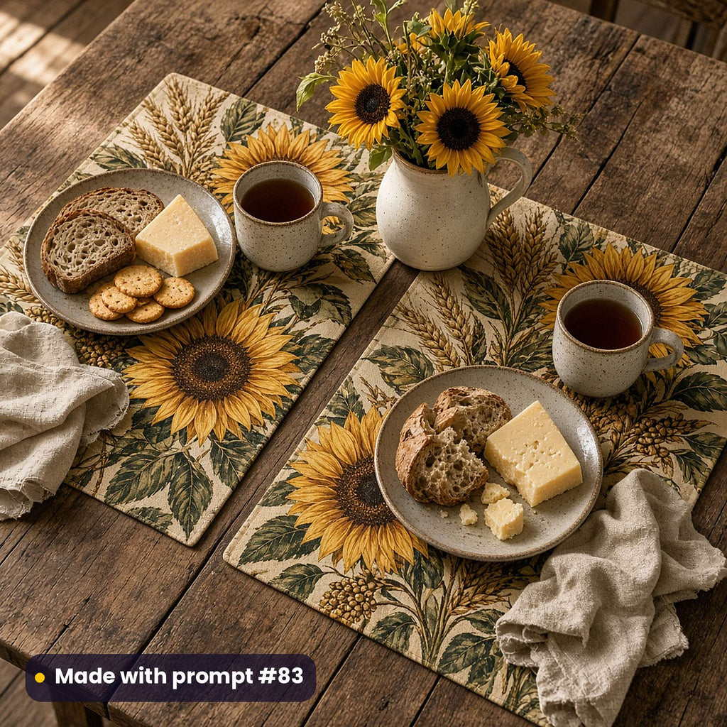 Two placemats printed with golden sunflowers, wheat and seed heads, set with bread, cheese and tea on a rustic farmhouse table, made with prompt #83