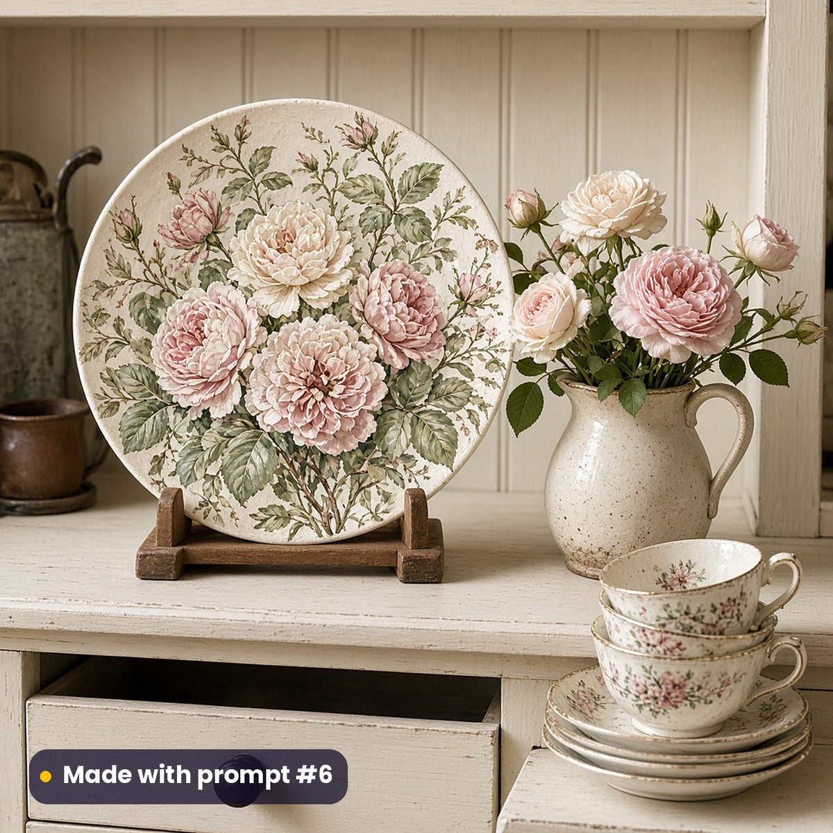 Round plate painted with blush and cream English roses and sage leaves, on a stand on a cream dresser beside garden roses and vintage teacups, made with prompt #6