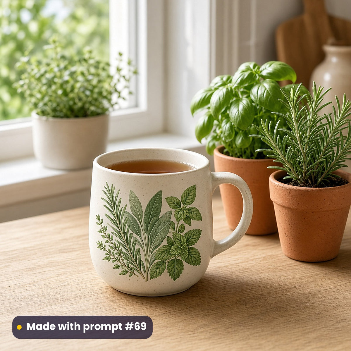 Cream mug with a premium vector illustration of rosemary, thyme, sage, basil and mint sprigs, holding herbal tea beside pots of basil and rosemary, made with prompt #69